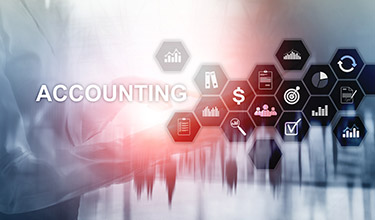 Graphic with a stylized man's arm on the left holding a tablet, with the word Accounting spelled out and various icons such as dollar signs, pie charts, and a magnifying glass that symbolize accounting and finance